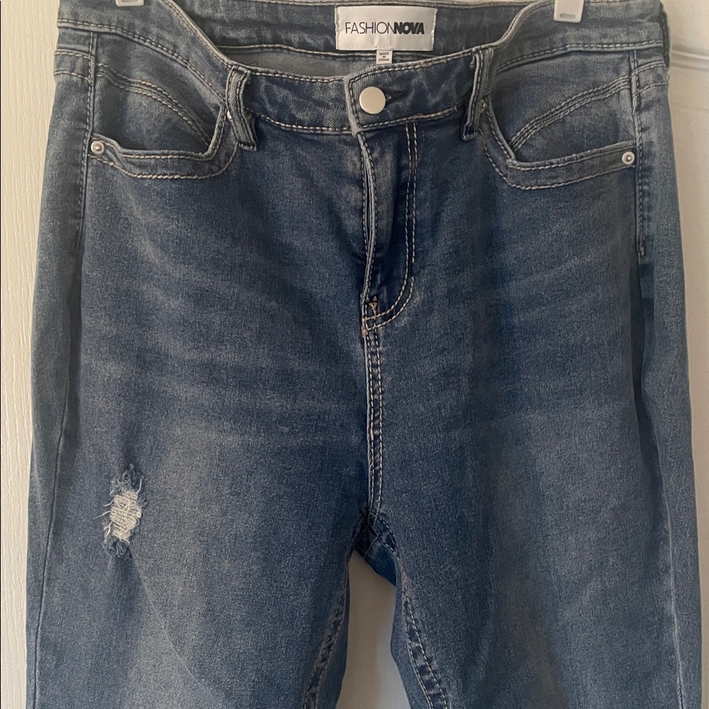 Fashion Nova Dark Blue High-Rise Distressed Jeans